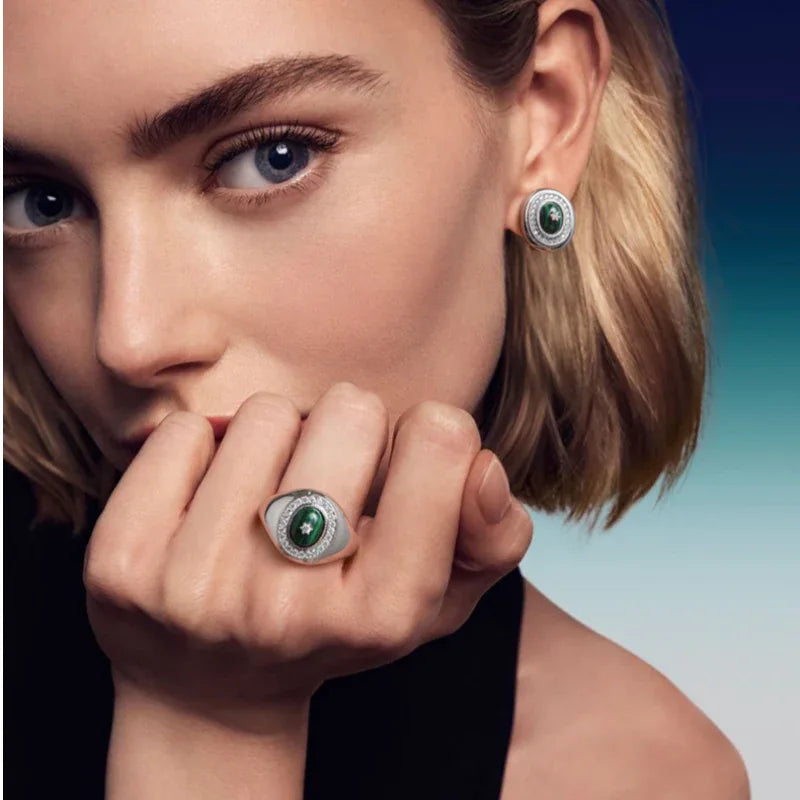 Full Diamond Cabochon Malachite Ring Women's Style - OOAKB