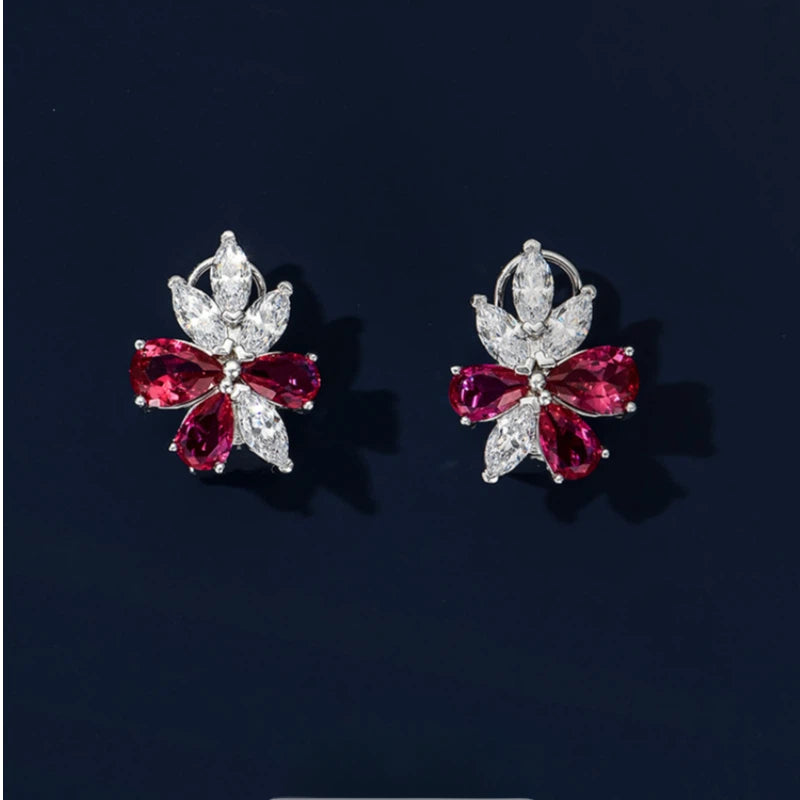 Ruby Flower Earrings S925 Silver Women's Style