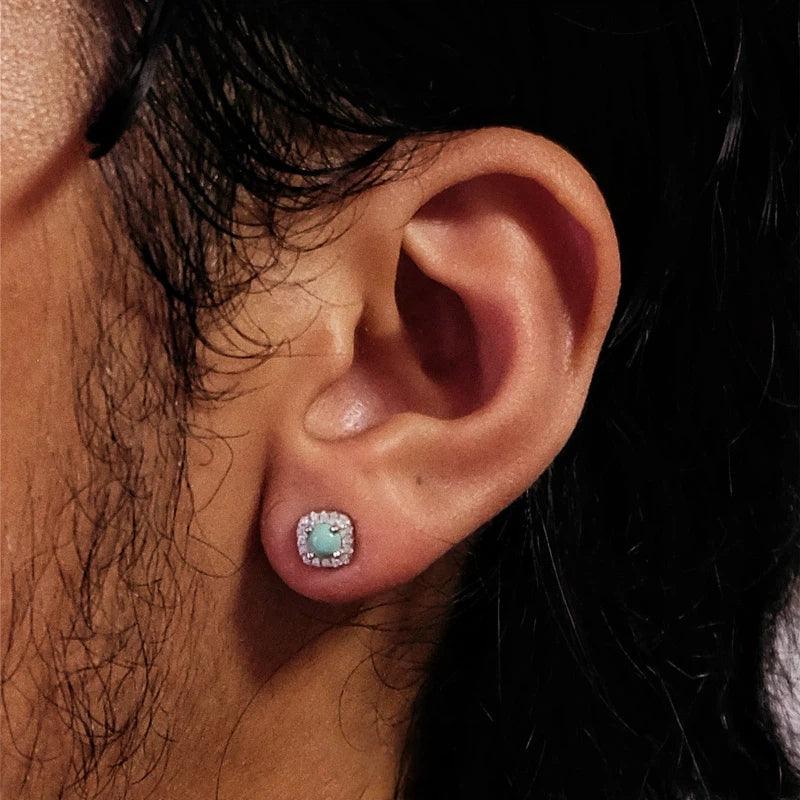 Silver Square Diamond Inlaid Turquoise Earrings - OOAKB