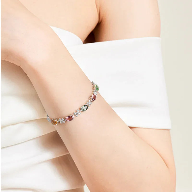 Natural Tourmaline Rainbow Bracelet for Women S925 Silver - OOAKB