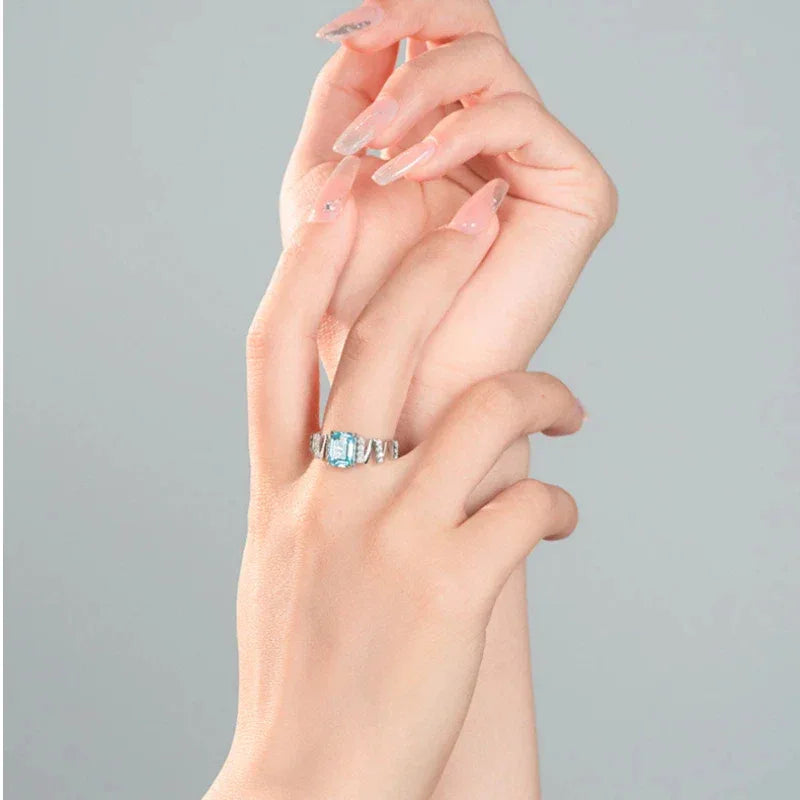 Sea Blue Square Sugar Aquamarine Ring S925 Silver Women's Style - OOAKB