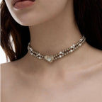 Double-Layer Beaded Heart-Shaped Pearl Collarbone Chain