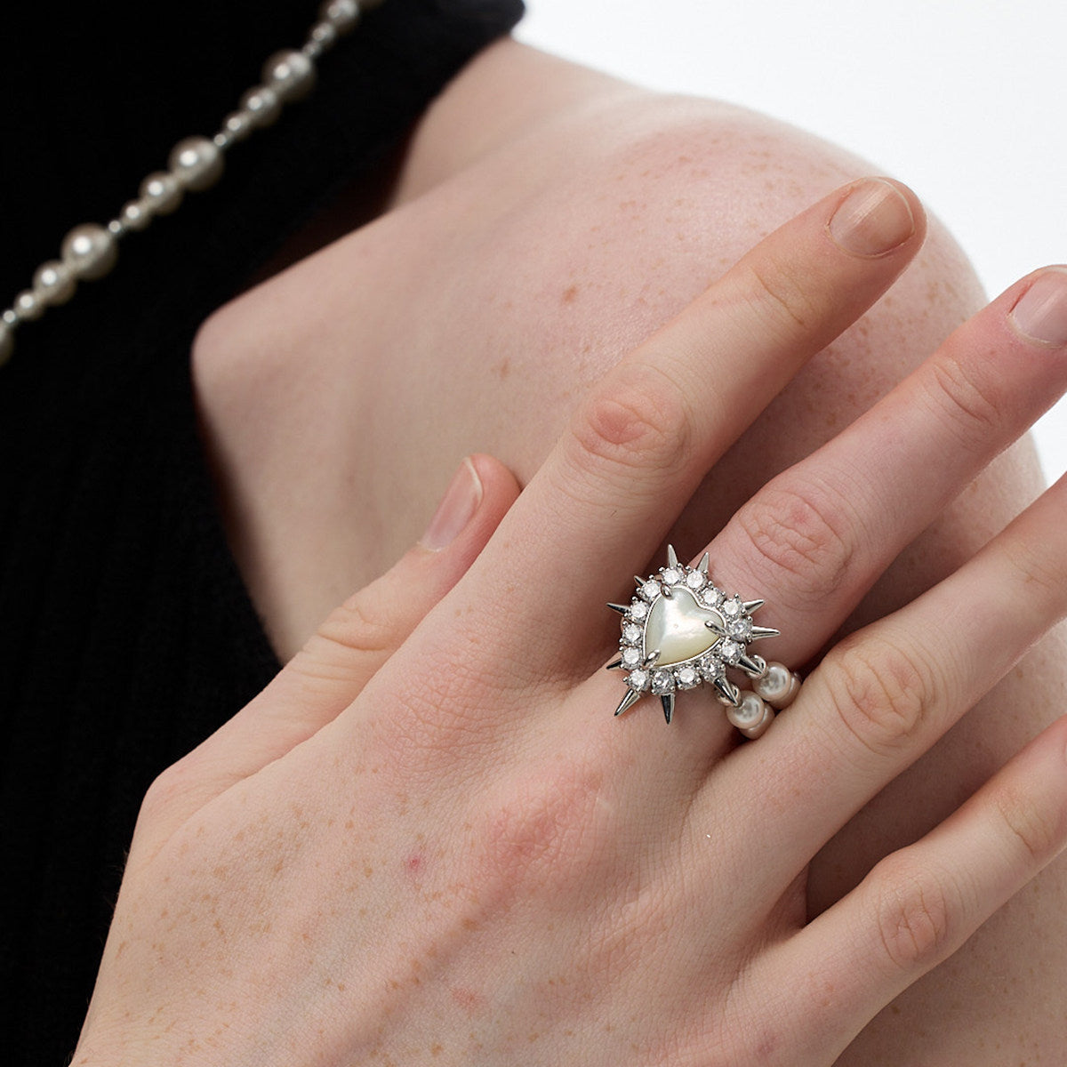 Heart-Shaped Pearl Rivet Ring