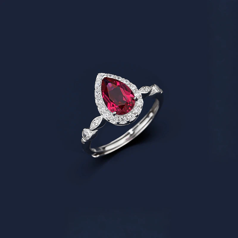 Angel's Tear Pigeon Blood Ruby Water Drop Ring Women's Style S925 Silver