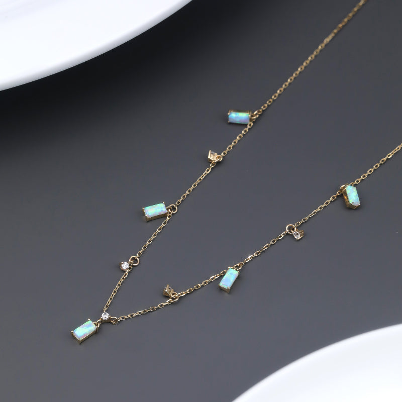 Blue Opal S925 Silver Square Diamond Necklace