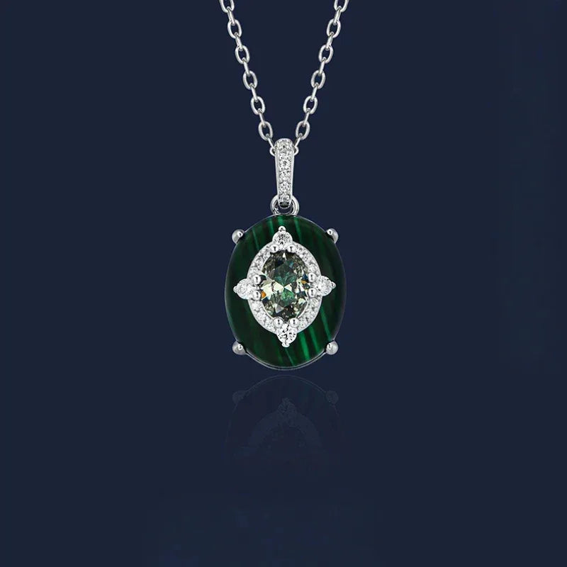 Malachite Cabochon Inlaid Sparkling Diamond Necklace S925 Silver - OOAKB