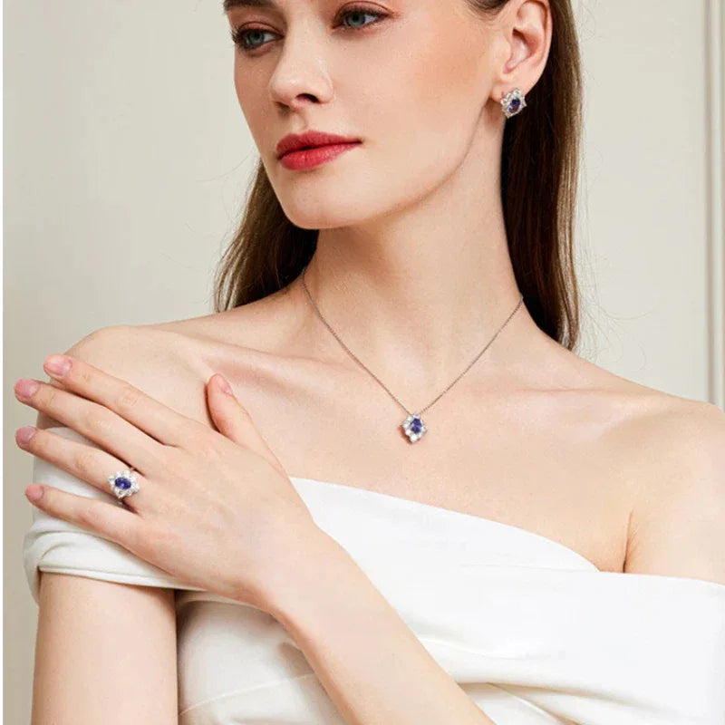 Tanzanite Diamond Pendant Necklace S925 Silver Women's - OOAKB