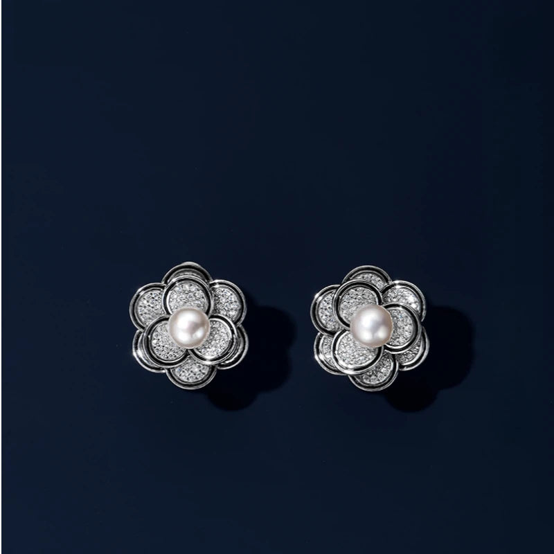 3D Stereo Camellia Freshwater Pearl Earrings