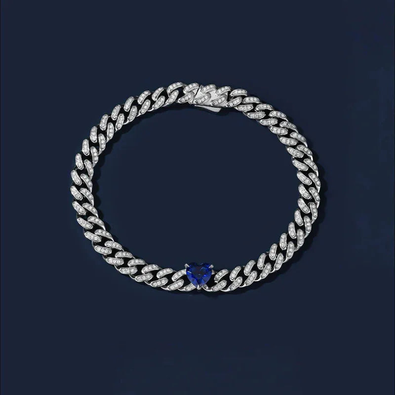 Heart Whisper Series Heart Sapphire Full-Diamond Cuban Link Bracelet - OOAKB