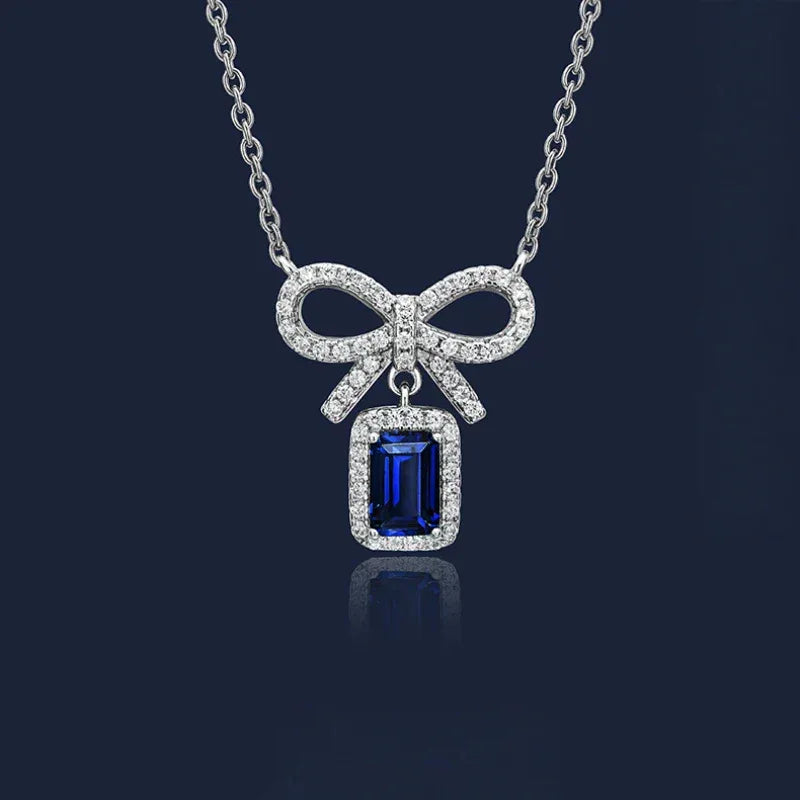 Sapphire Small Square Sugar Bowknot Necklace Women's Style - OOAKB