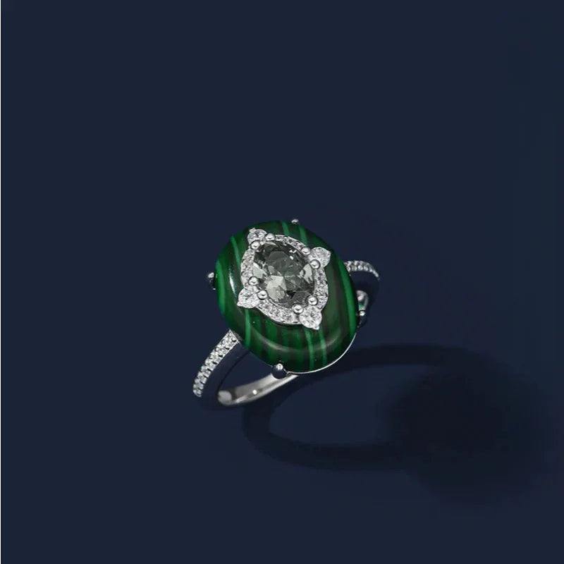 Cabochon Malachite Ring with Sparkling Diamonds Women's Style - OOAKB