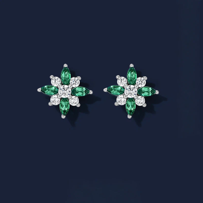 Emerald North Star Sparkling Diamond Stud Earrings S925 Silver Women's Style
