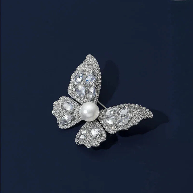 Freshwater Pearl Full-Diamond Butterfly Brooch S925 Silver Women's Style - OOAKB