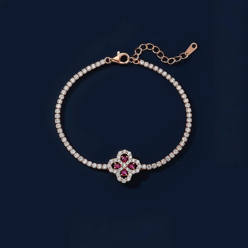 Ruby Lucky Clover Bracelet S925 Silver Women's Style