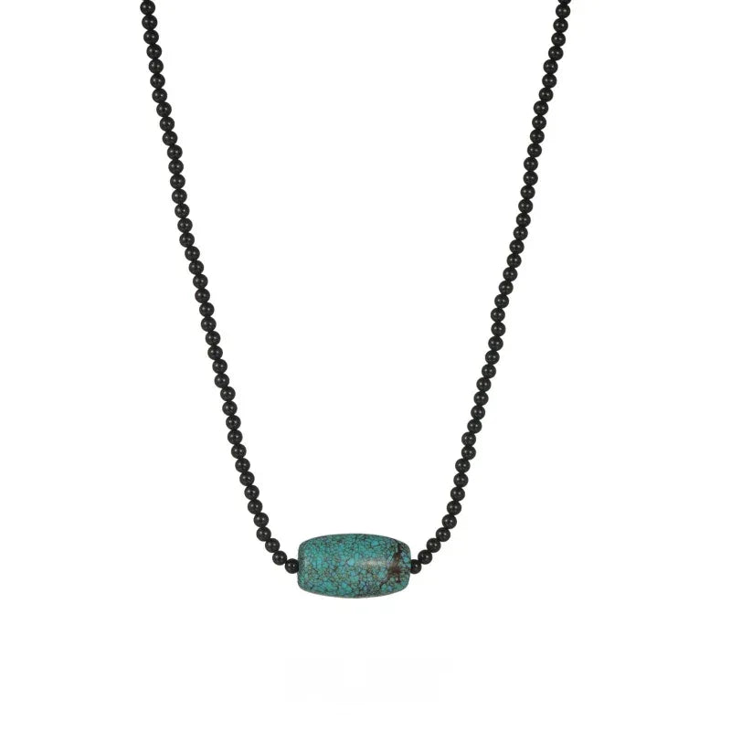 Silver Onyx Beaded Turquoise Pendant Necklace - OOAKB