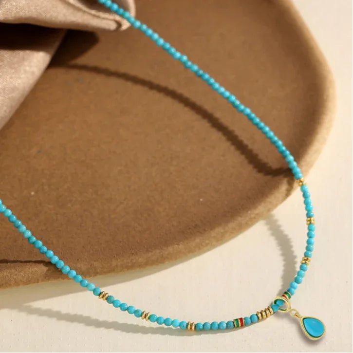 Natural Turquoise Round Bead Teardrop Pendant Luxury Necklace - OOAKB