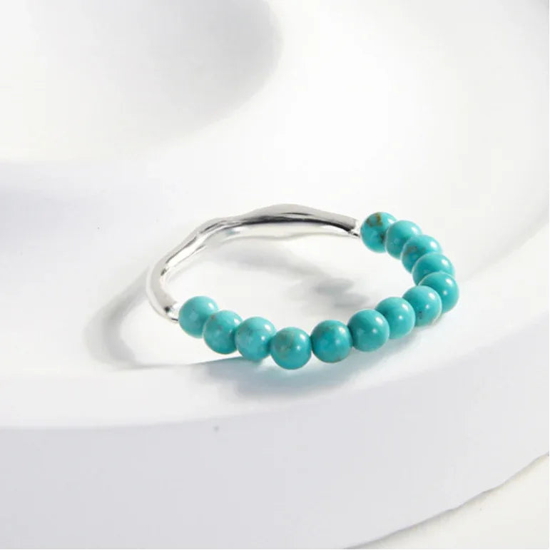 Turquoise Round Bead Band Open Ring - OOAKB
