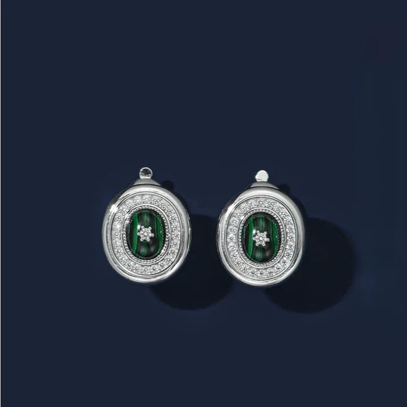 Full Diamond Cabochon Malachite Earrings - OOAKB
