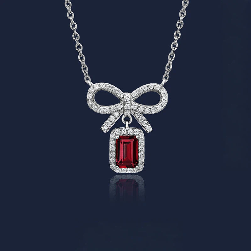 Ruby Small Square Sugar Bowknot Necklace Women's Style S925 Silver