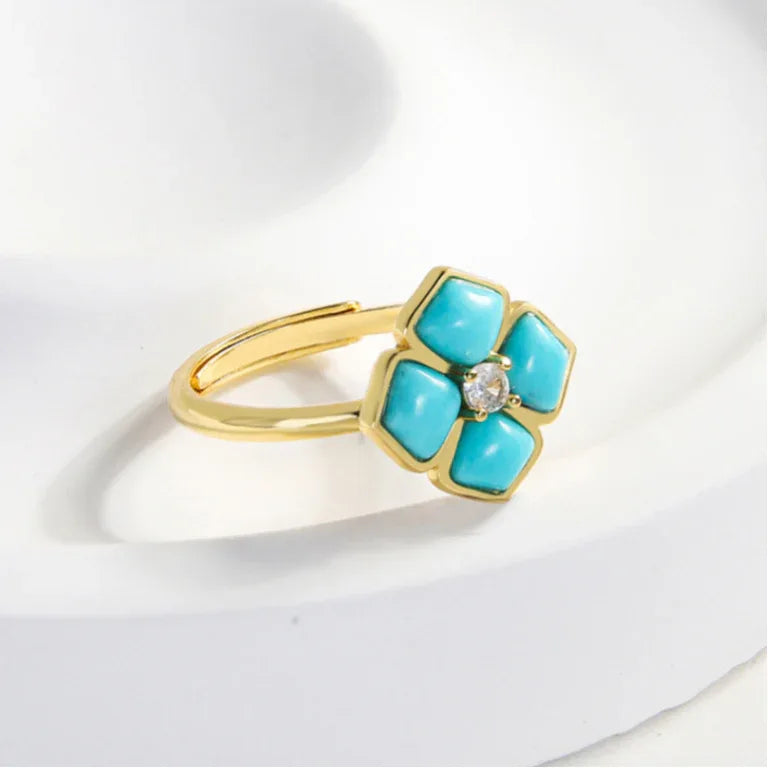 Turquoise Flower Four-Leaf Clover Open Ring - OOAKB