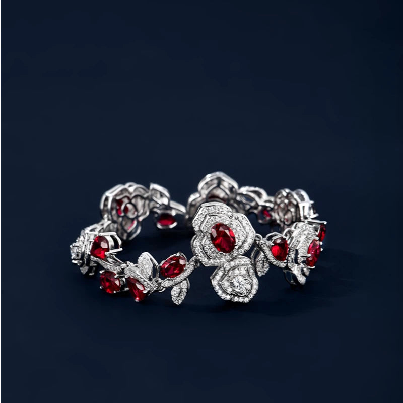 Rose-shaped Ruby Bracelet S925 Silver Women's Style