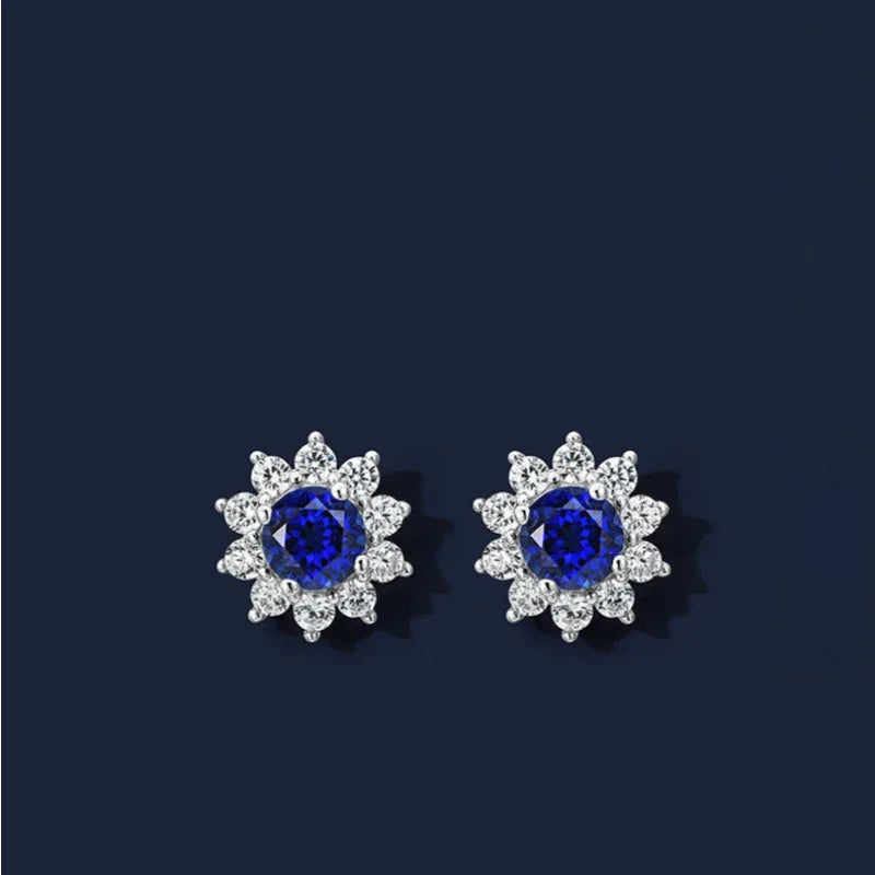 Brilliant Series Sapphire Sunflower Four-Claw Earrings S925 Silver - OOAKB