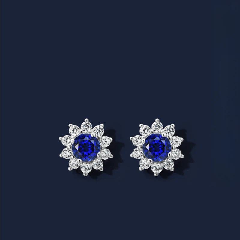 Brilliant Series Sapphire Sunflower Four-Claw Earrings S925 Silver