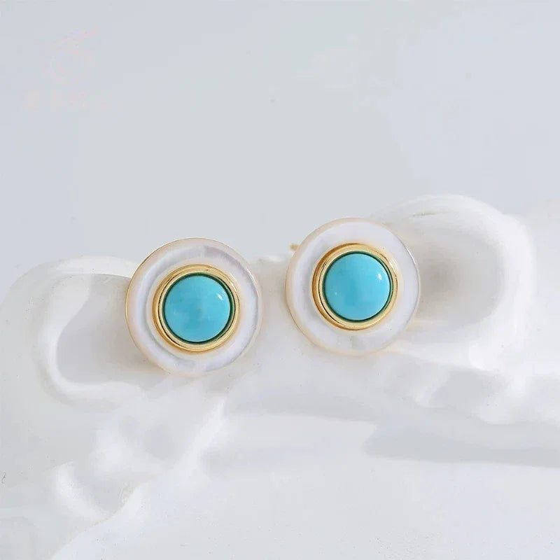 Turquoise Round Mother of Pearl S925 Silver Earrings - OOAKB
