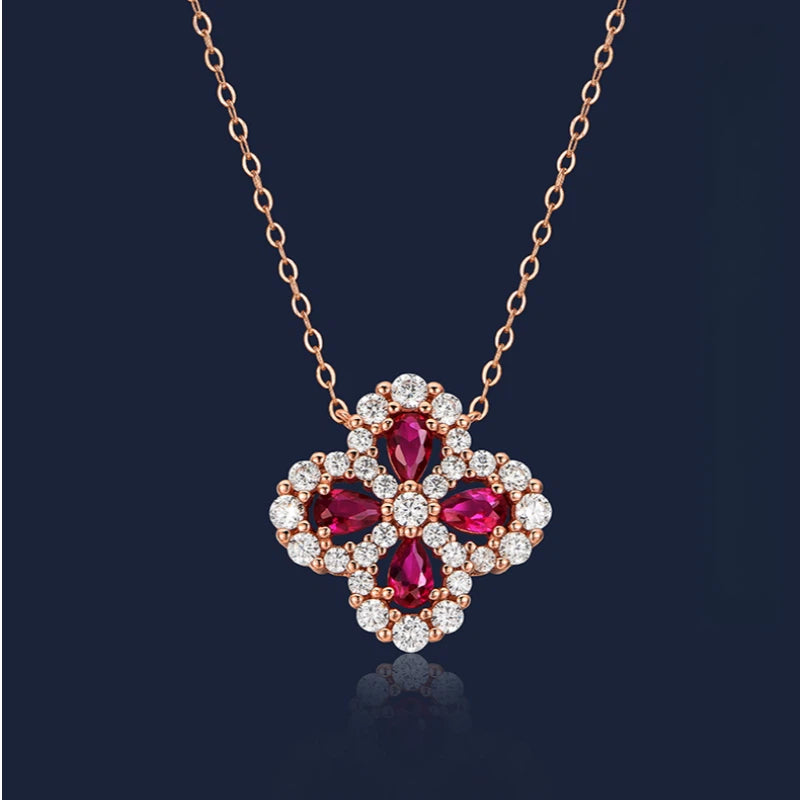 Hollow Four-Leaf Clover Ruby Necklace S925 Silver Women's Style