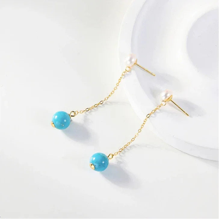 Natural Turquoise Round Bead Pearl Long Luxury Earrings - OOAKB
