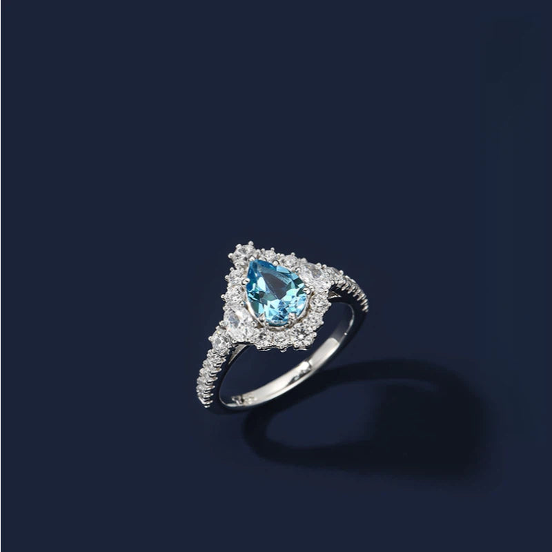 Natural Topaz Ice Blue Small Water Drop Ring Women's Style