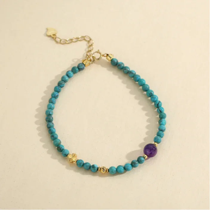 Natural Turquoise Round Bead & Amethyst Luxury Bracelet - OOAKB