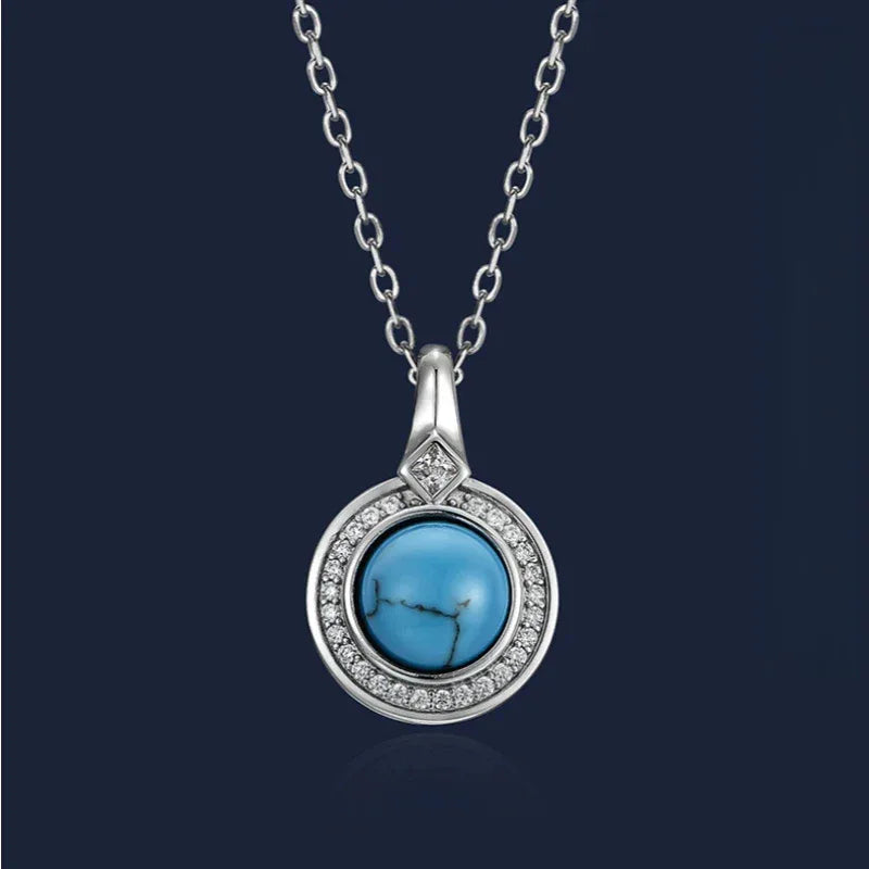 Round Disc Turquoise Necklace S925 Silver Women's Style - OOAKB