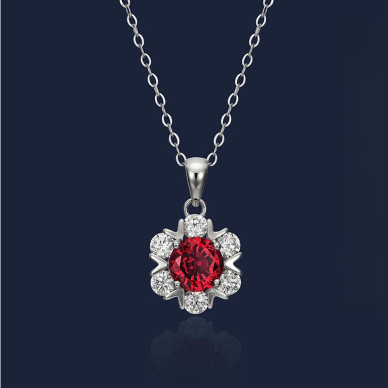 S925 Silver Pigeon Blood Ruby Flower Necklace Women's Style