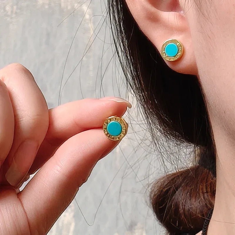 Natural Turquoise Roman Numeral Round Earrings - OOAKB
