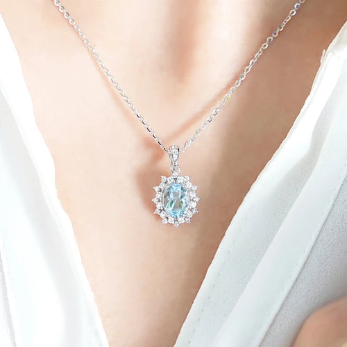 1.2 Carat Natural Aquamarine Princess Diana Style Necklace