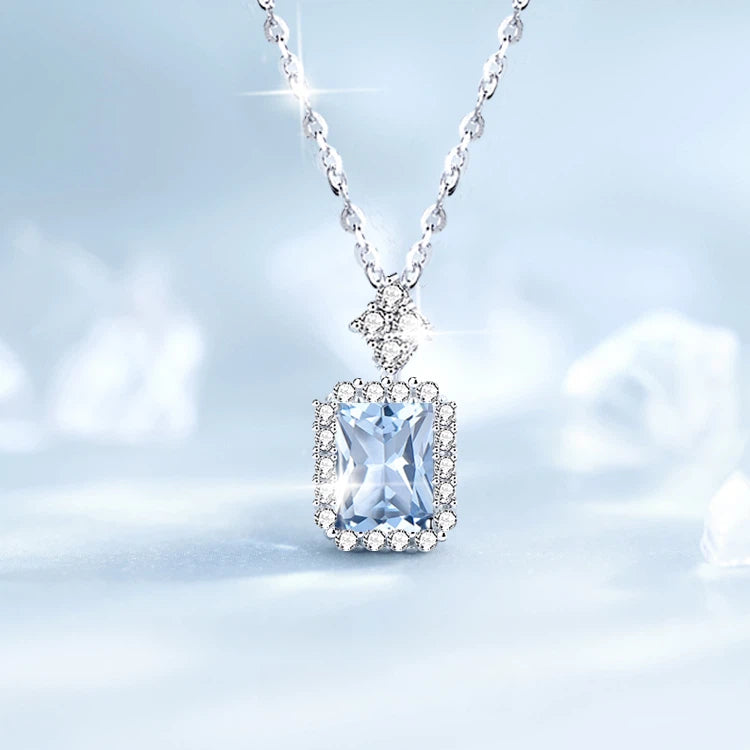 Blue Topaz S925 Silver Square Candy Necklace