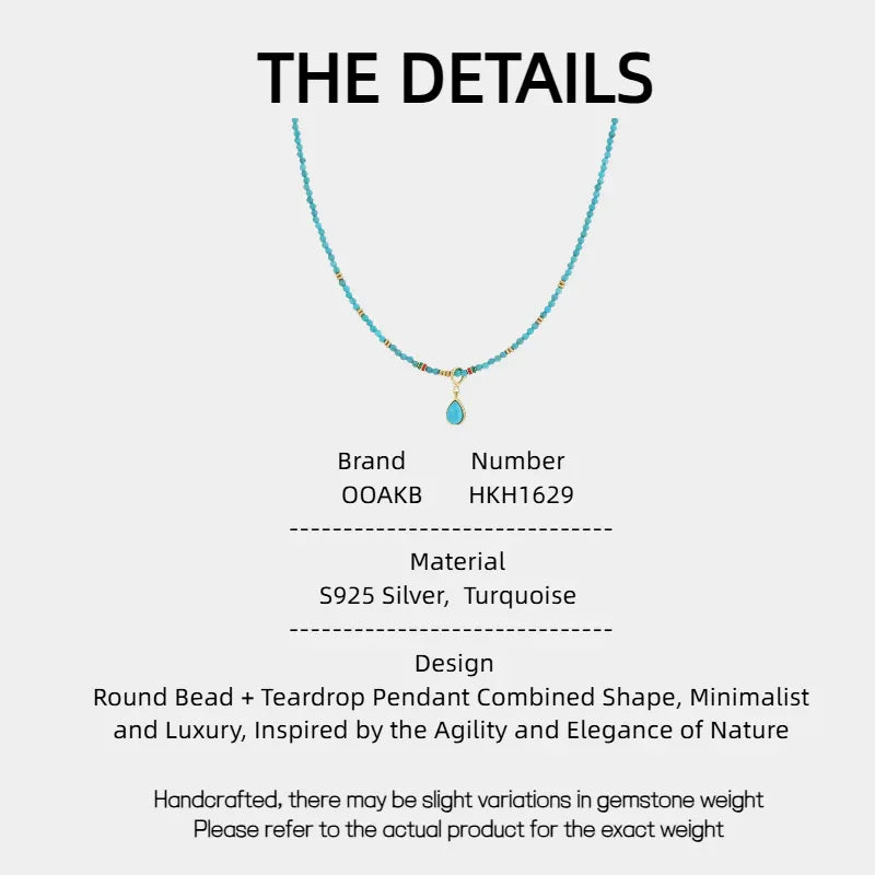 Natural Turquoise Round Bead Teardrop Pendant Luxury Necklace - OOAKB