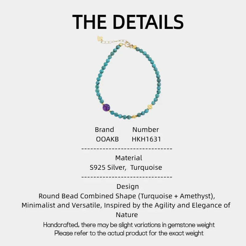 Natural Turquoise Round Bead & Amethyst Luxury Bracelet - OOAKB