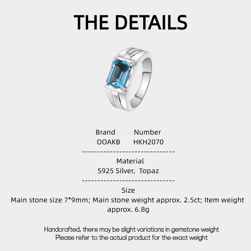 Silver Topaz Men's Ring Inlaid Zircons 2.5ct 7*9mm