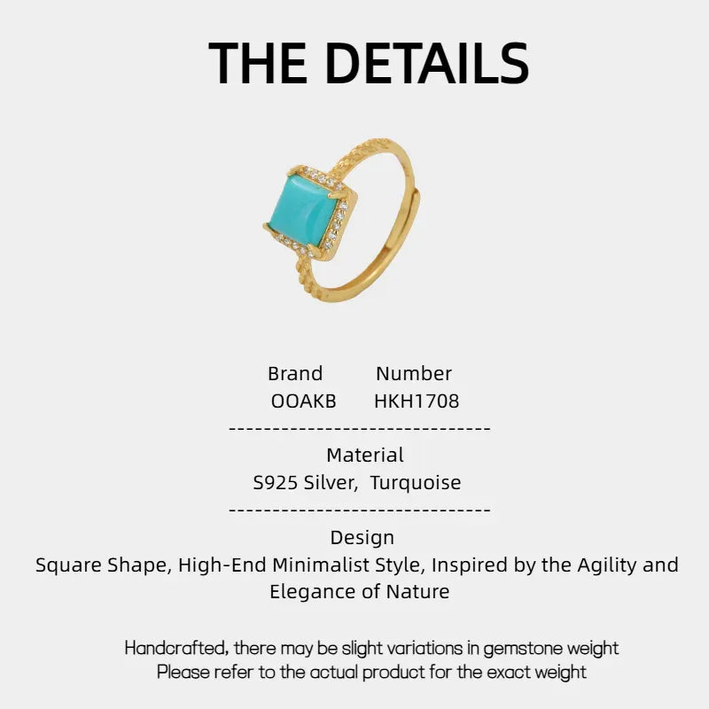 Turquoise Square S925 Silver Open Ring - OOAKB