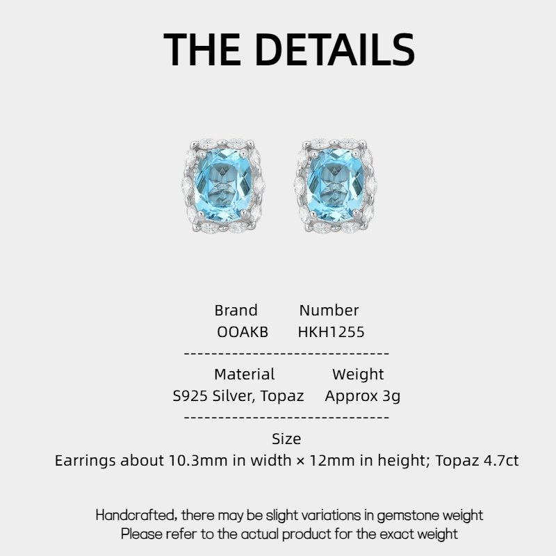 Natural Topaz Square Sugar Stud Earrings S925 Silver Women's Style