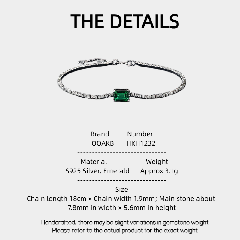 Emerald Small Square Bracelet S925 Silver Women's Style