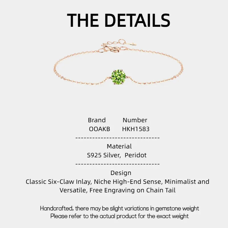 Natural Peridot Six-Claw Engravable Luxury Silver Bracelet - OOAKB