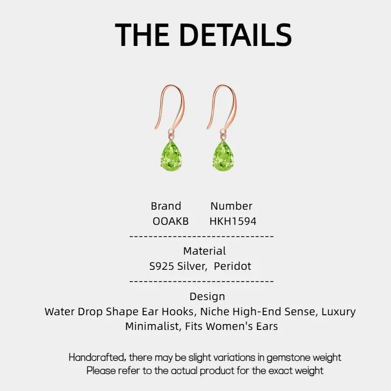 Natural Peridot Water Drop Ear Hooks - OOAKB