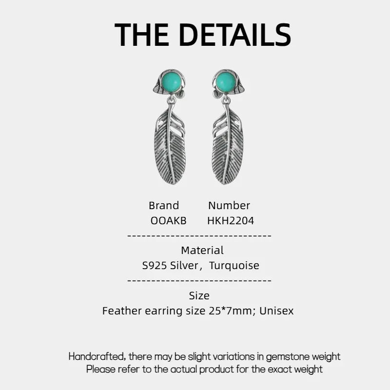 Silver Turquoise Feather Earrings Unisex - OOAKB