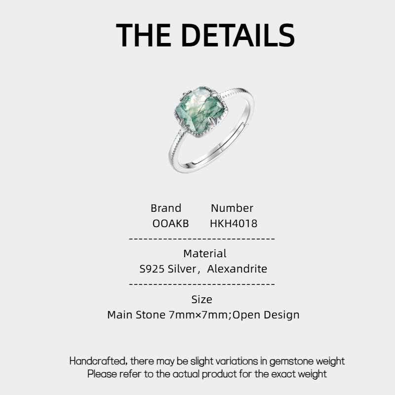 Moss Agate Cushion-Cut Light Luxury Open Ring