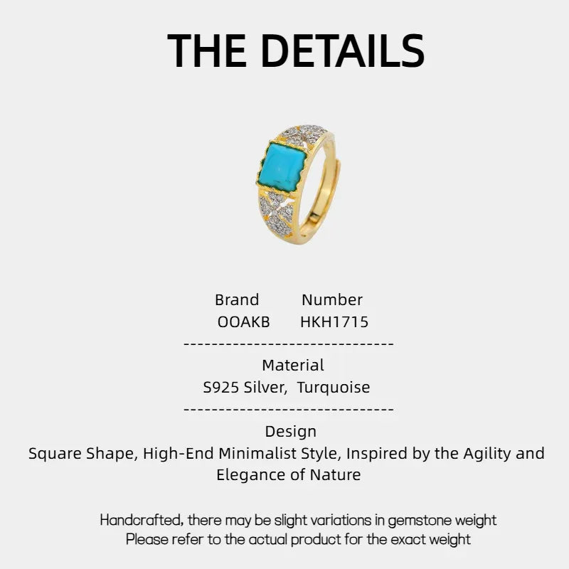 Turquoise Square S925 Silver Open Ring - OOAKB