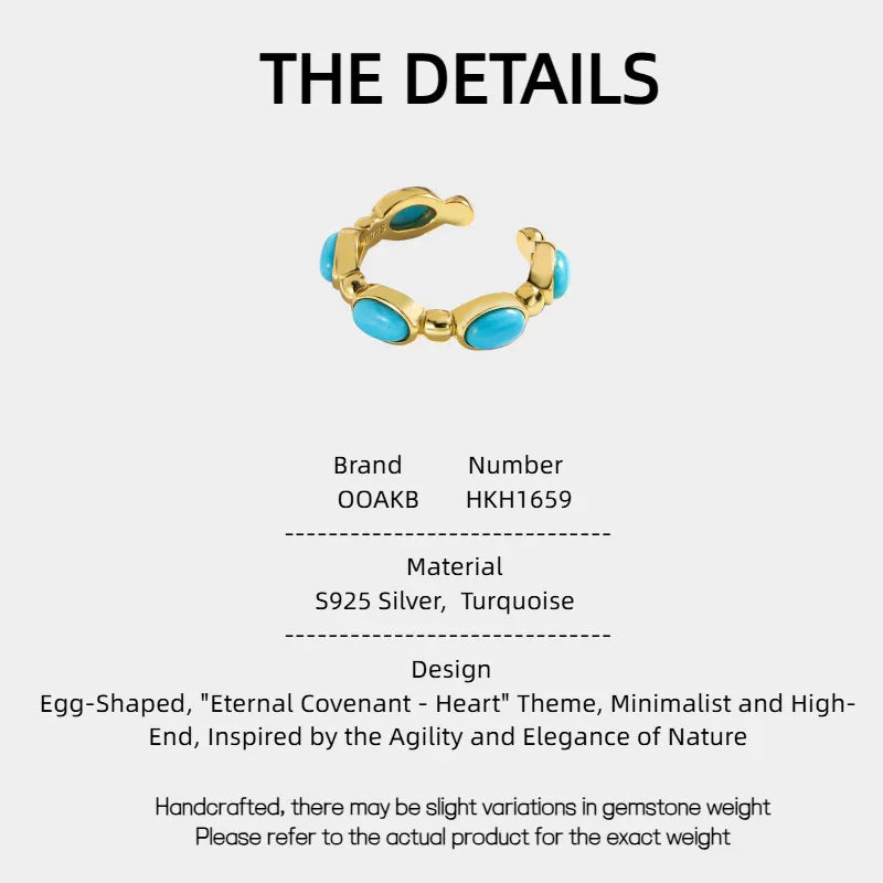 Turquoise Egg-Shaped S925 Silver Open Ring - OOAKB