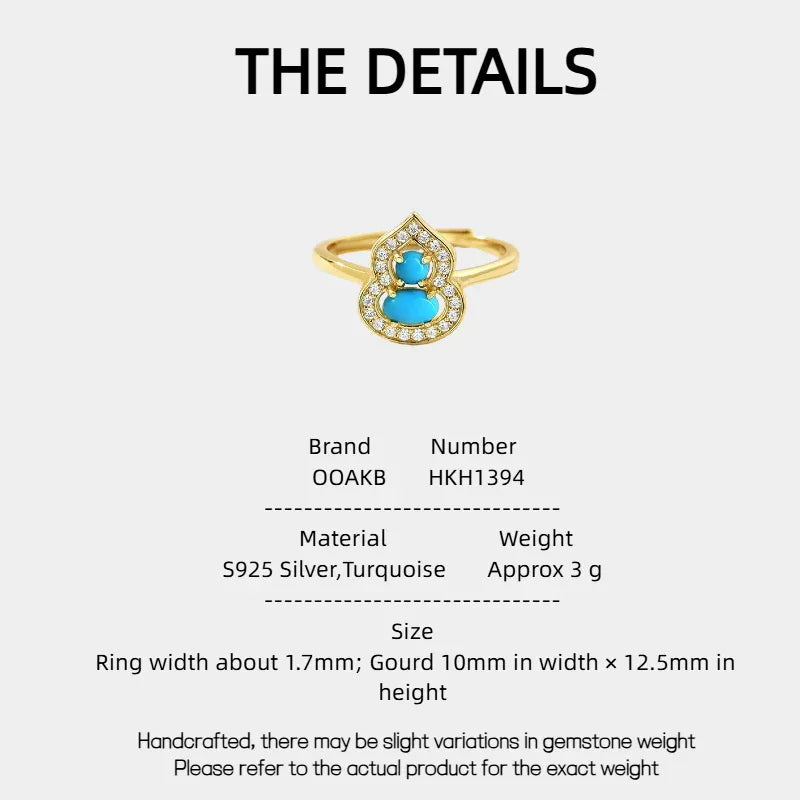 Turquoise Gourd Adjustable Ring Women's Style S925 Silver - OOAKB